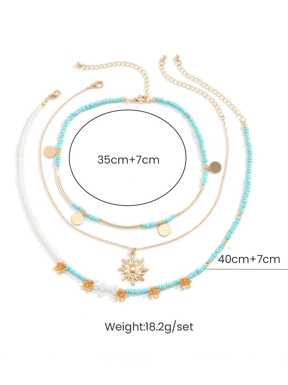 3pcs Sun & Flower Faux Pearl Beaded Necklace