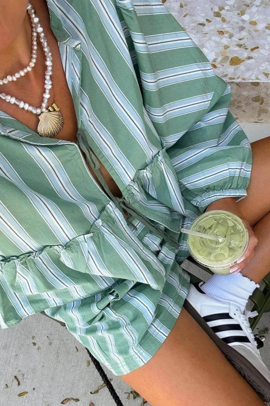 Coordinated Lantern Sleeve Stripe Shirt Shorts Set