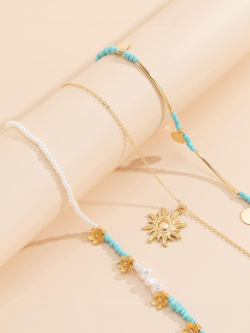 3pcs Sun & Flower Faux Pearl Beaded Necklace