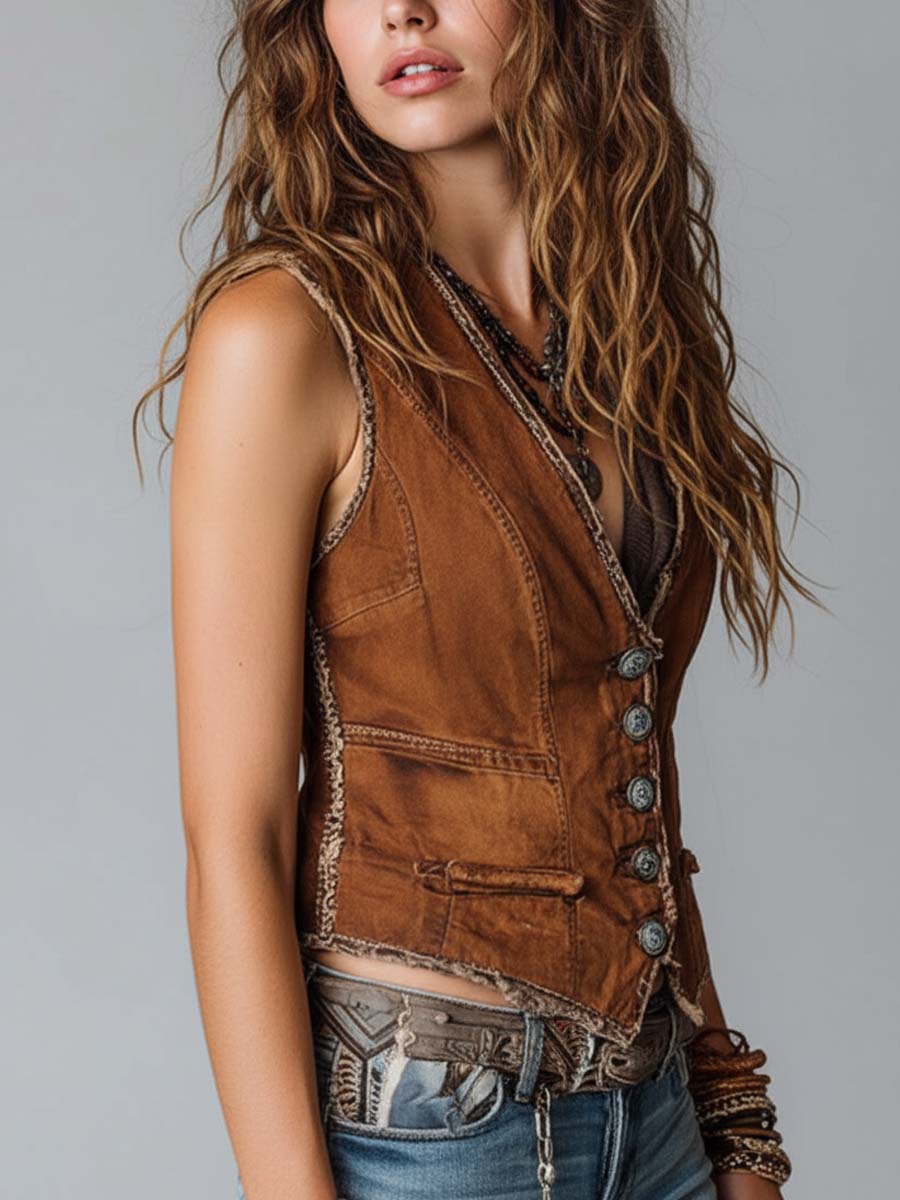 Modern Washed Caramel Denim With Brass Button Stitching Vest