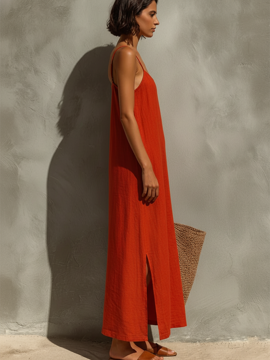 Modern Red Cotton Square Neck Spaghetti Strap Dress
