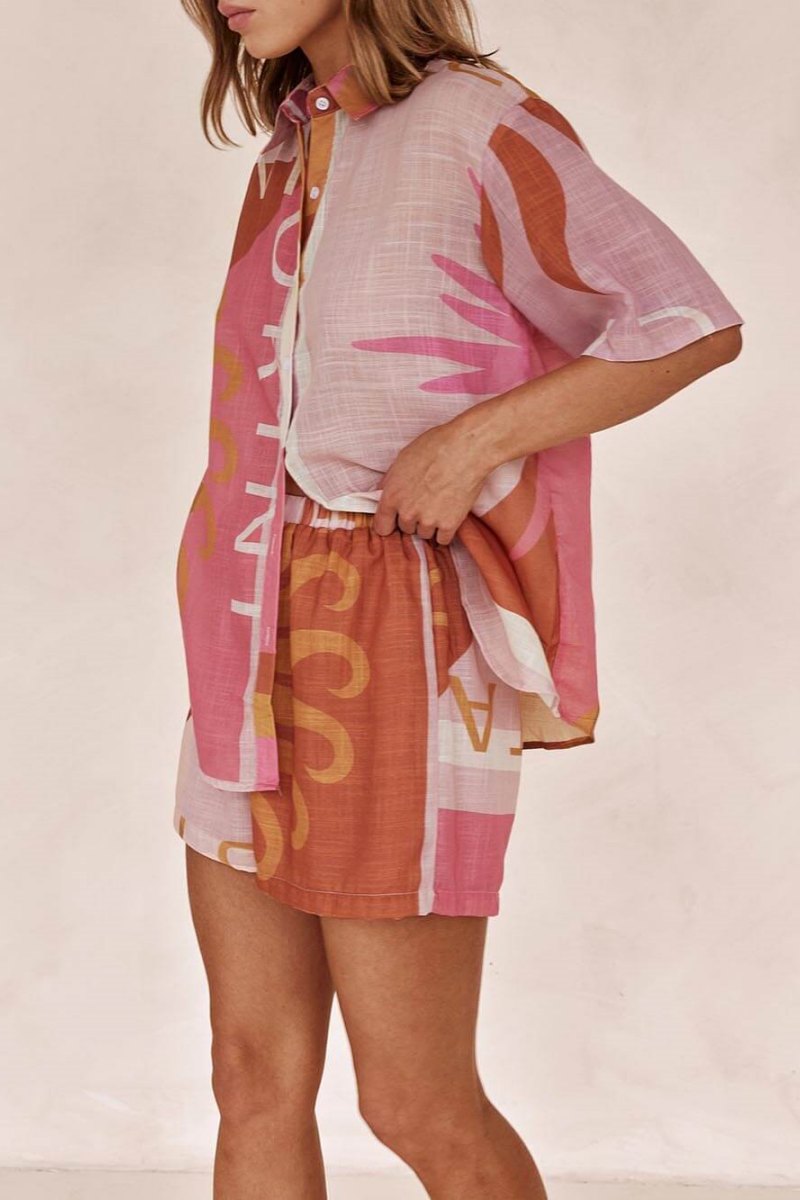 Bright Sun Loose Patterned Vacation Shirt Shorts Set