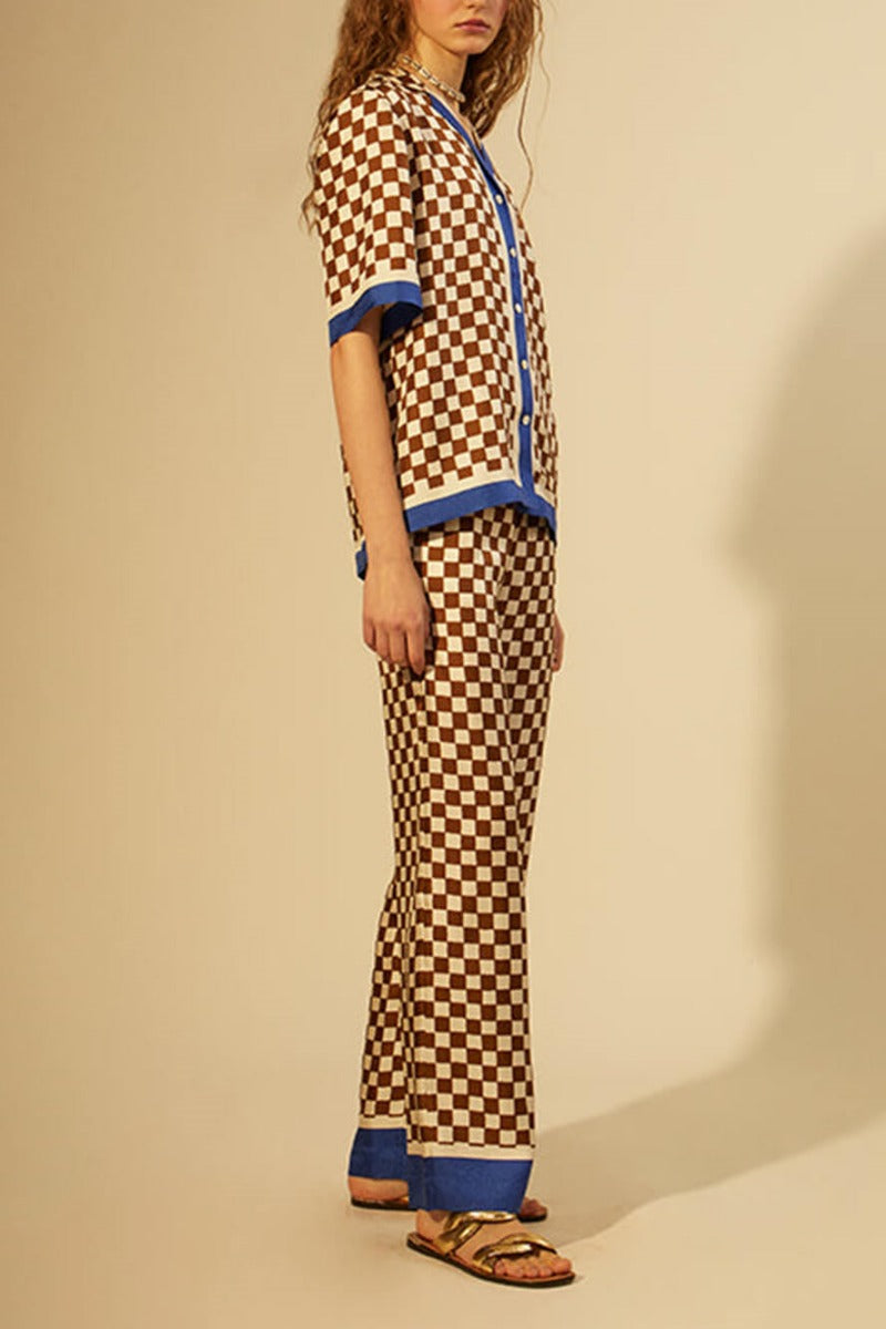 Distinctive Checkerboard Print Blue Stripe Splicing Loose Elastic Trousers-Set