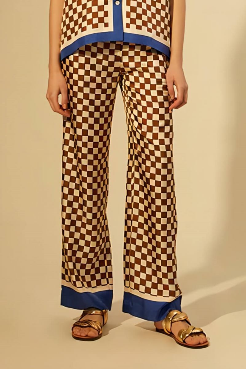 Distinctive Checkerboard Print Blue Stripe Splicing Loose Elastic Trousers-Set
