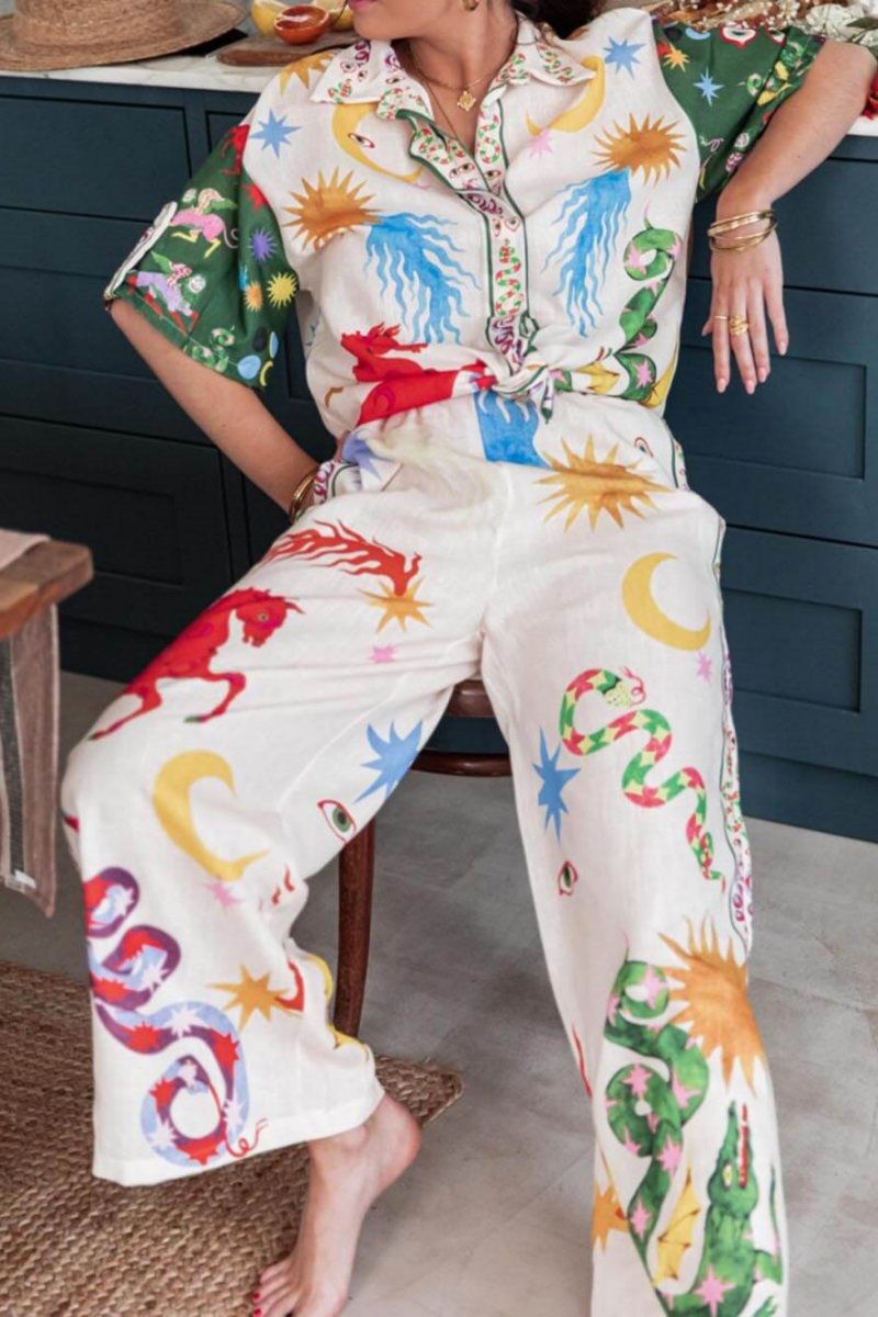 Distinctive Print Short Sleeve Loose Shirt And Elastic Waist Trousers Set