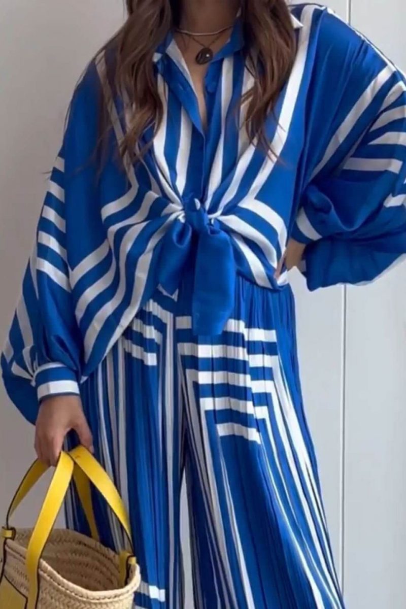 Geometric Striped Print Long Sleeve Shirt & Wide-Leg Trousers Sets