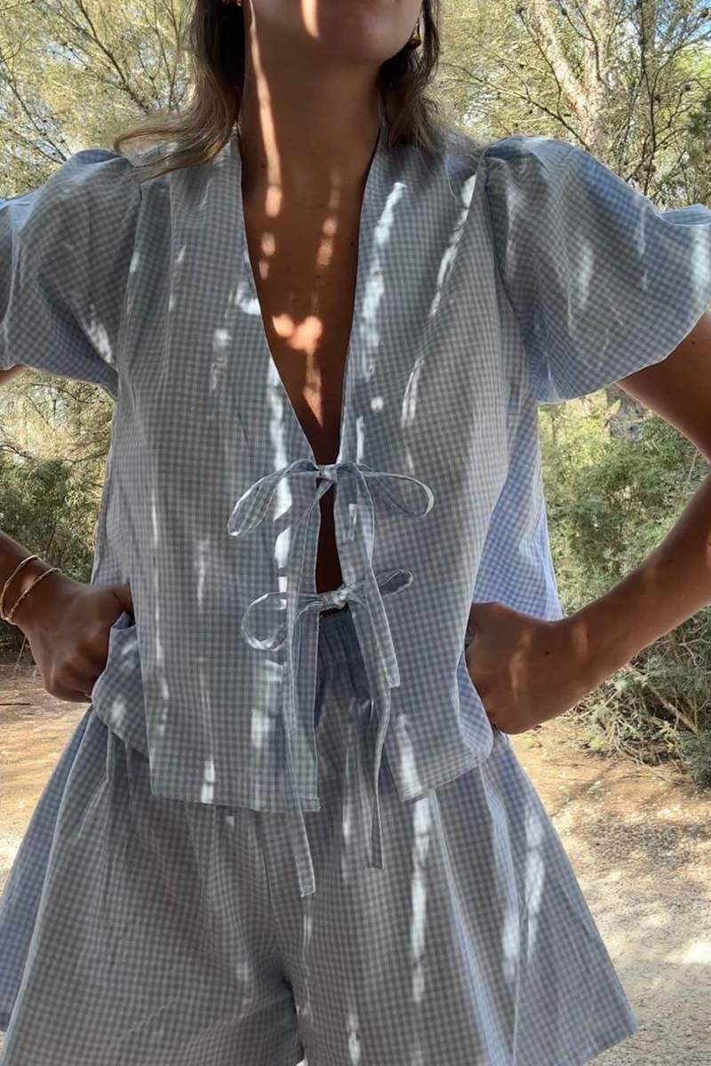 Coordinated Plaid Front Lace-up Puff Sleeve Top and Elastic Waist Shorts Set