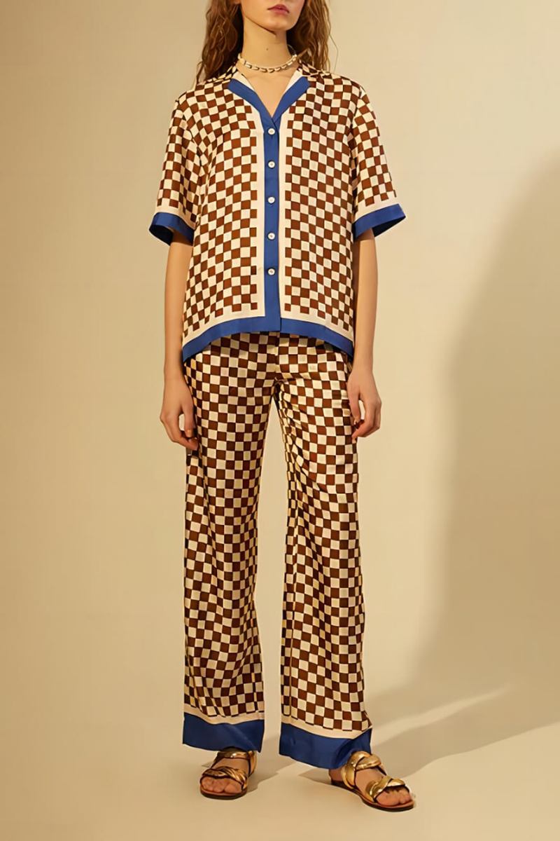 Distinctive Checkerboard Print Blue Stripe Splicing Loose Elastic Trousers-Set