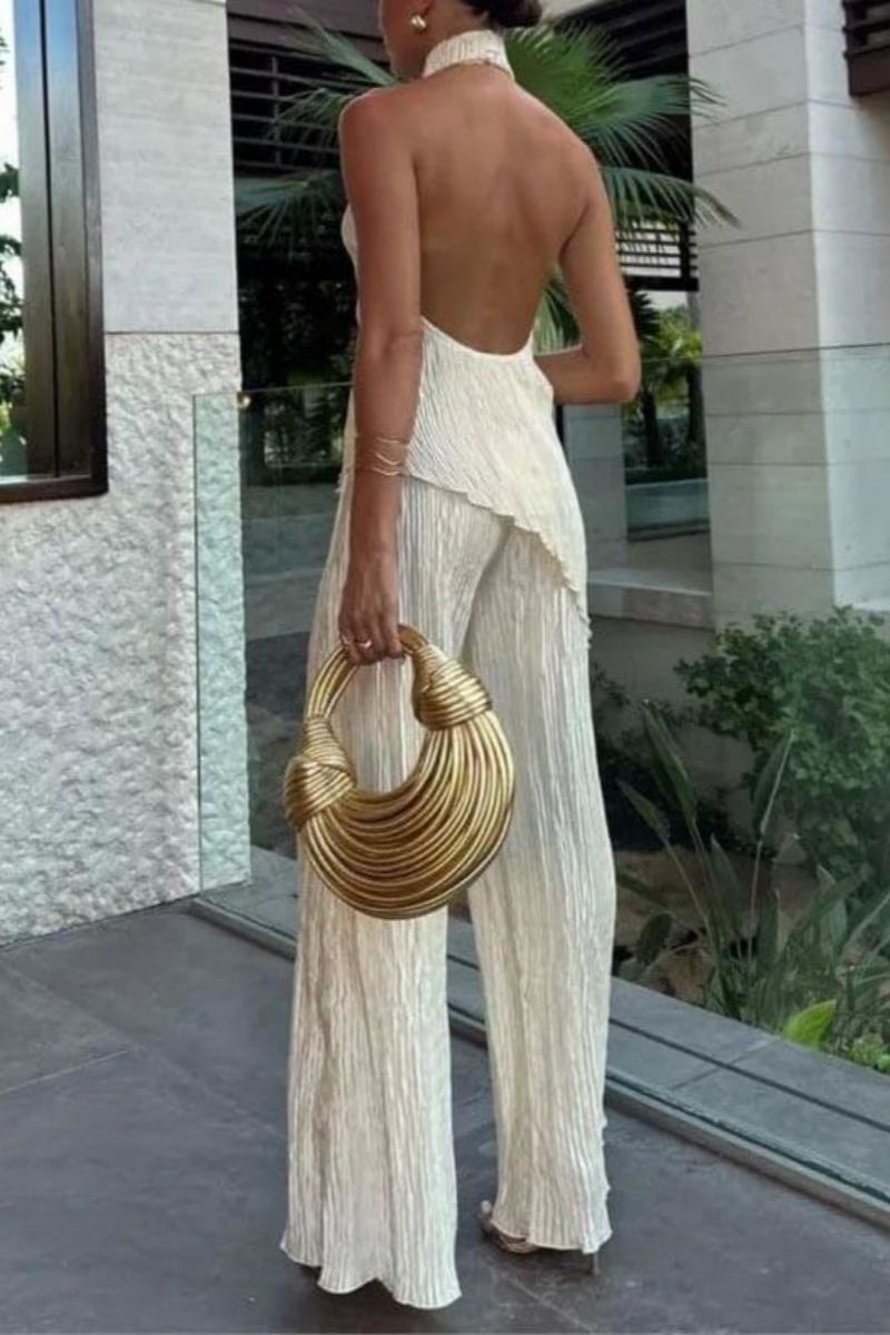 Sleeveless Halter Top High-Waisted Relaxed Wide-Leg Trousers Suit