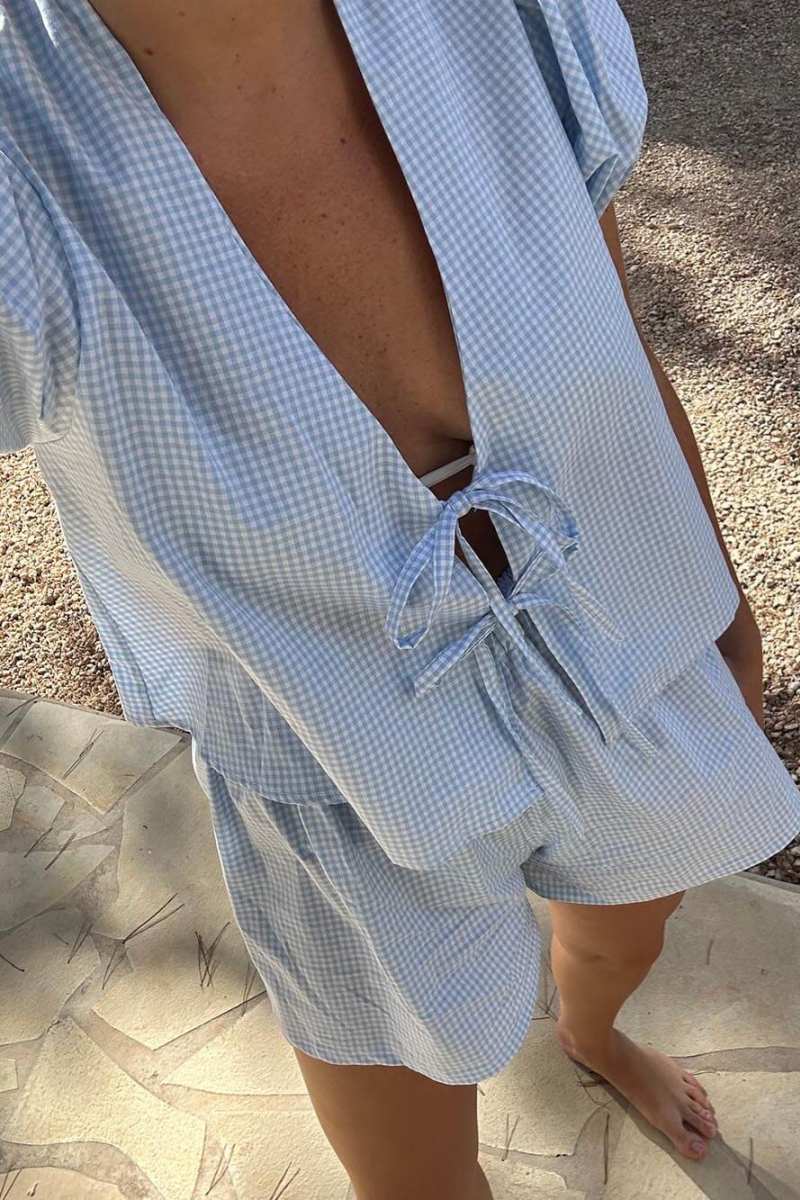Coordinated Plaid Front Lace-up Puff Sleeve Top and Elastic Waist Shorts Set