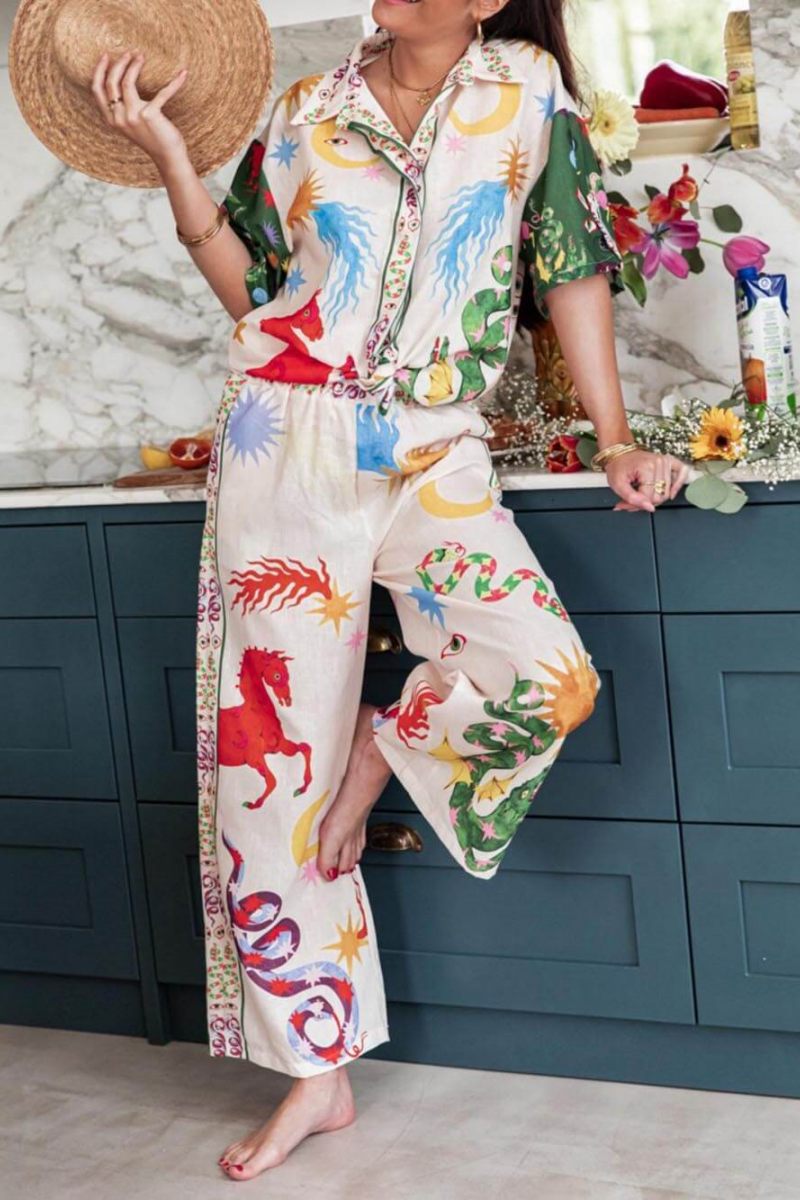 Distinctive Print Short Sleeve Loose Shirt And Elastic Waist Trousers Set