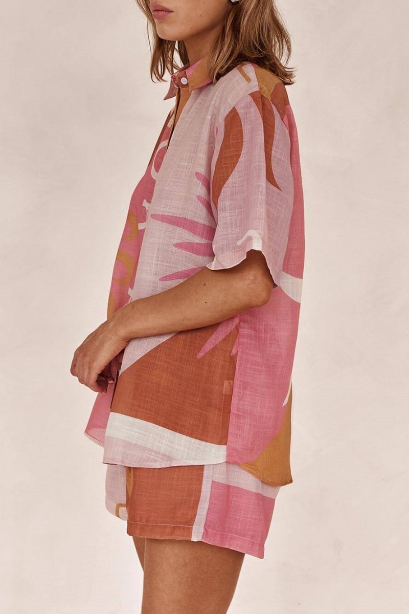 Bright Sun Loose Patterned Vacation Shirt Shorts Set