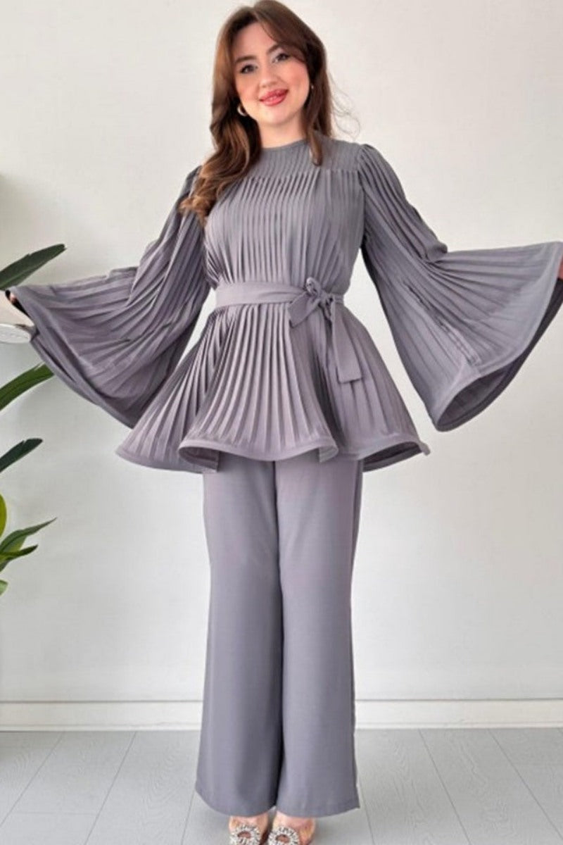 Pleated Flare Tops Trousers Set