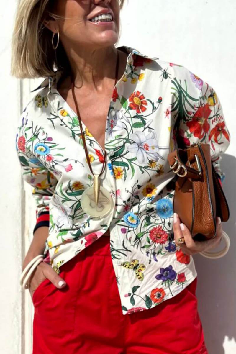 Flower Distinctive Print Elastic Waist Pocketed Wide-Leg Trousers-Set