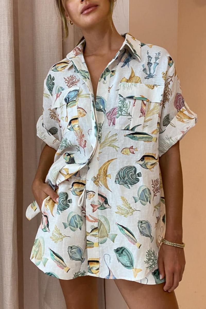 Coordinated Personalized Fish Print Vacation Short Sleeve Shirt Tie-Dye Shorts Set