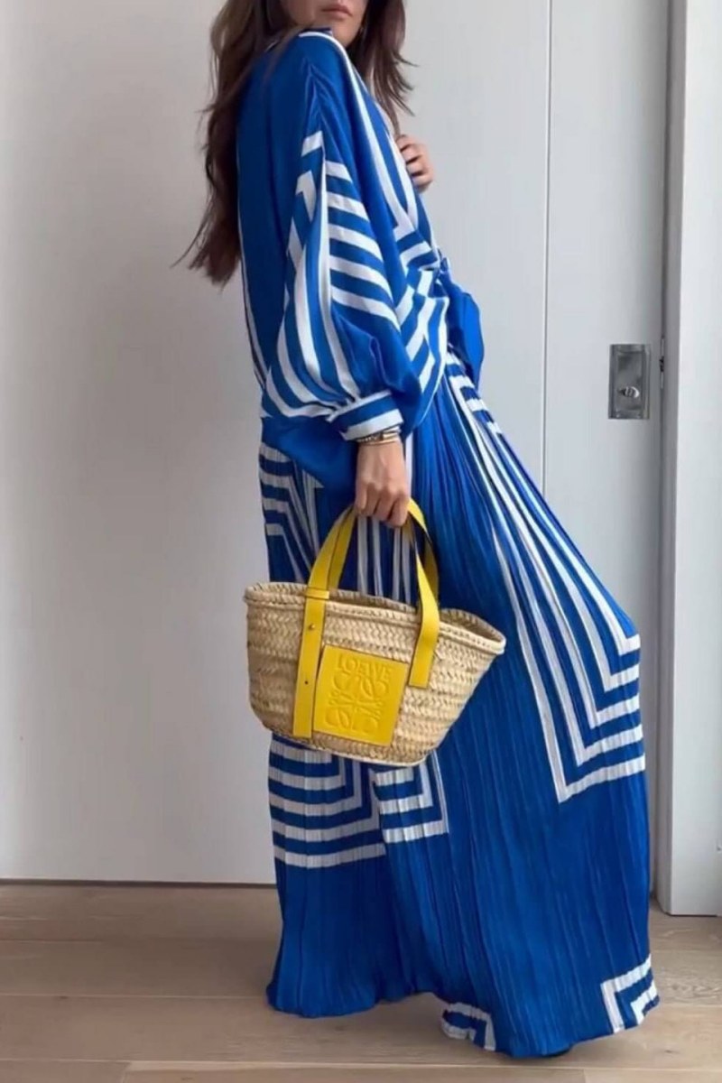 Geometric Striped Print Long Sleeve Shirt & Wide-Leg Trousers Sets