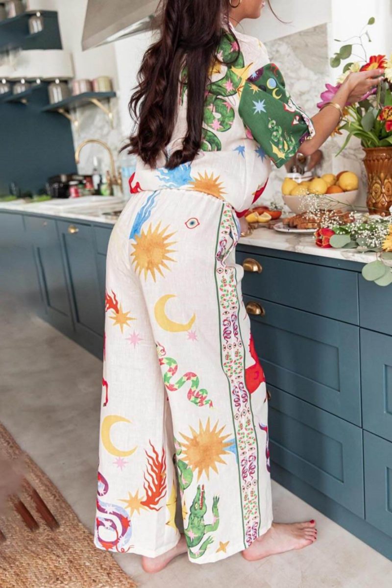 Distinctive Print Short Sleeve Loose Shirt And Elastic Waist Trousers Set