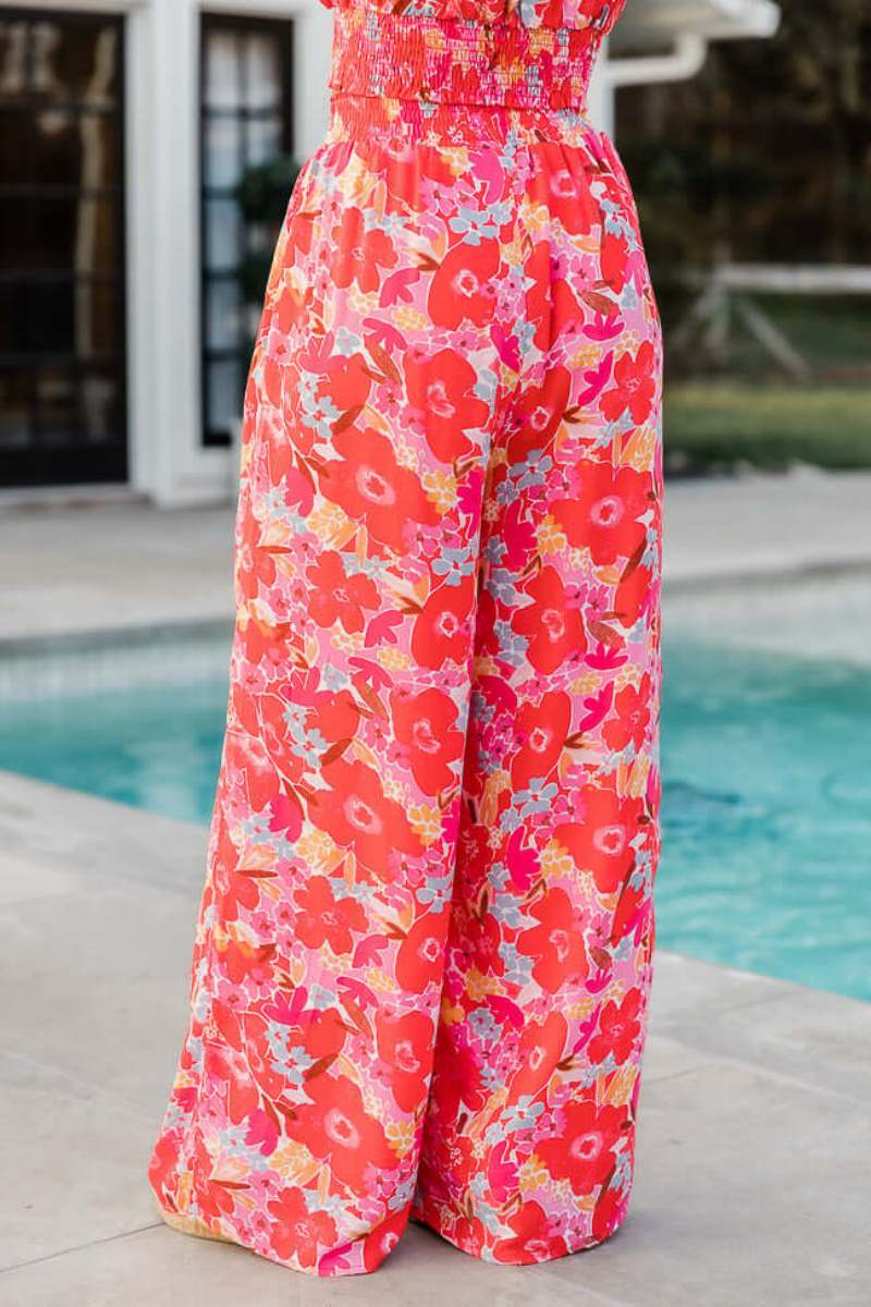 Boho Flower Two Piece Pant Set In Red Pappy