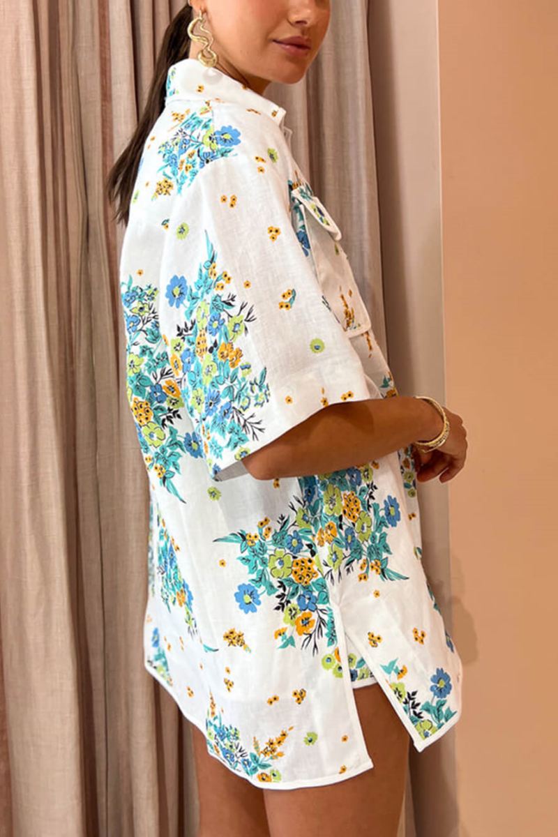 Flower Print Ivory Trim Pocketed Blouse And Back Elastic Shorts Set