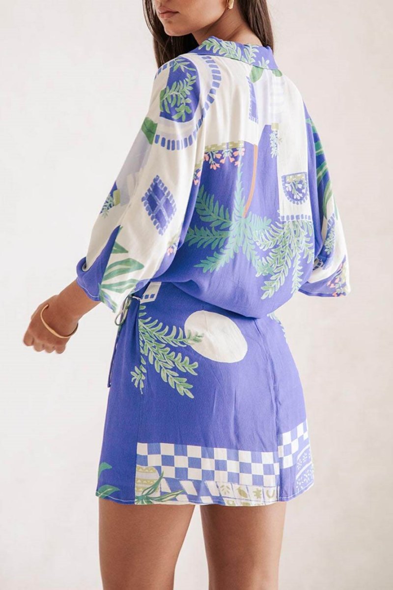 Distinctive Print Loose Shirt And Elastic Waist Wrap Lace-Up Skirt Set