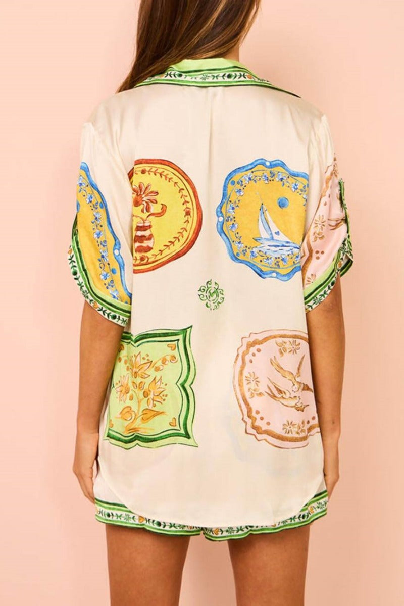 Cream Distinctive Ethnic Print Shirt Shorts Set