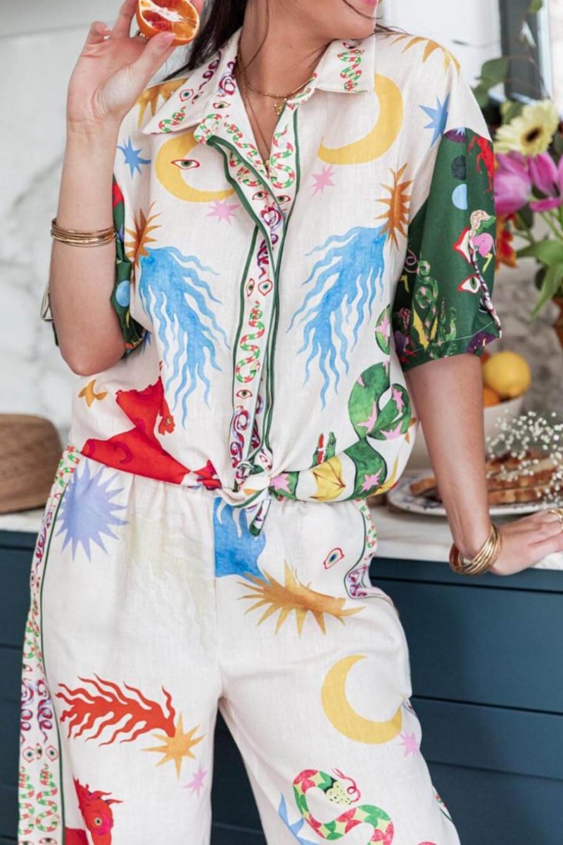 Distinctive Print Short Sleeve Loose Shirt And Elastic Waist Trousers Set