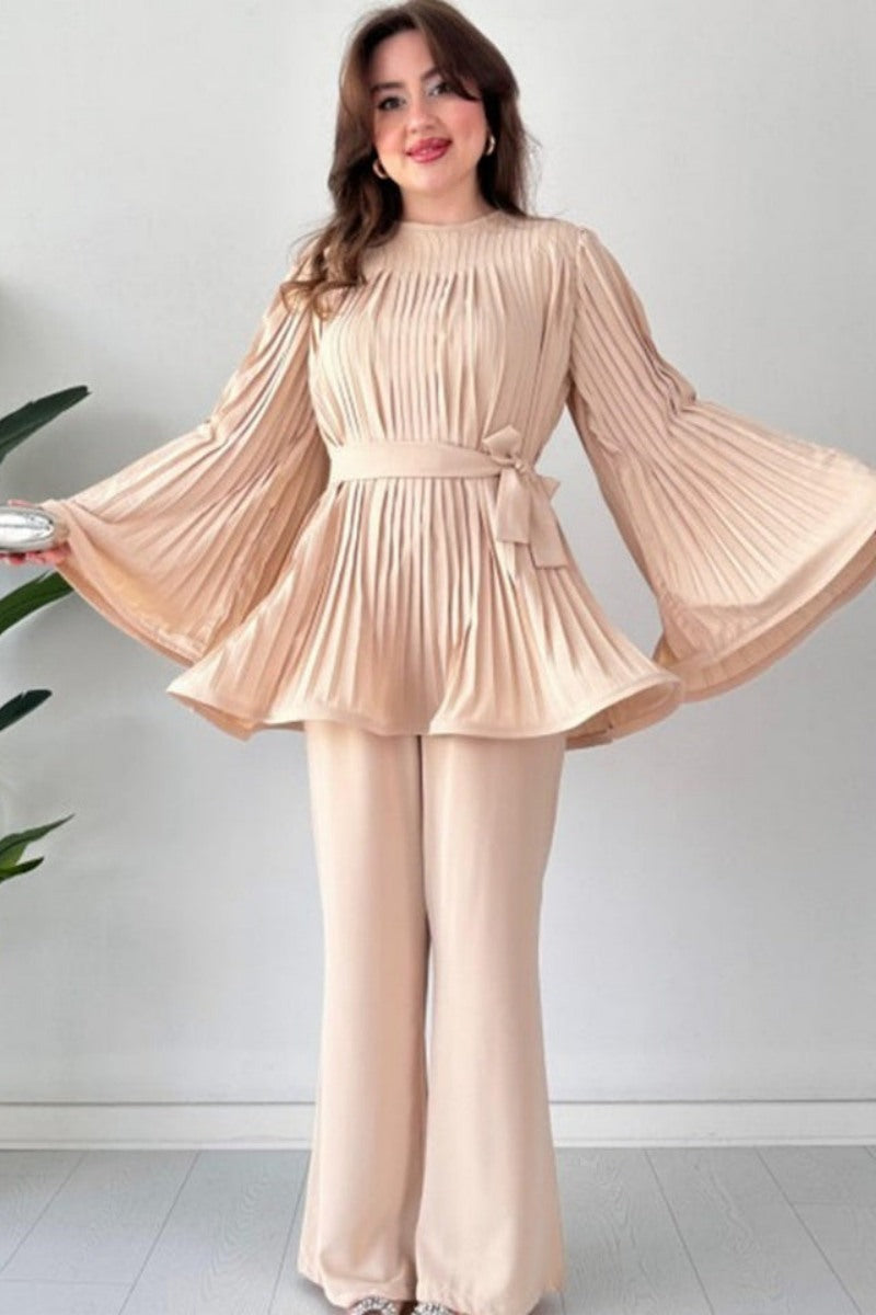 Pleated Flare Tops Trousers Set