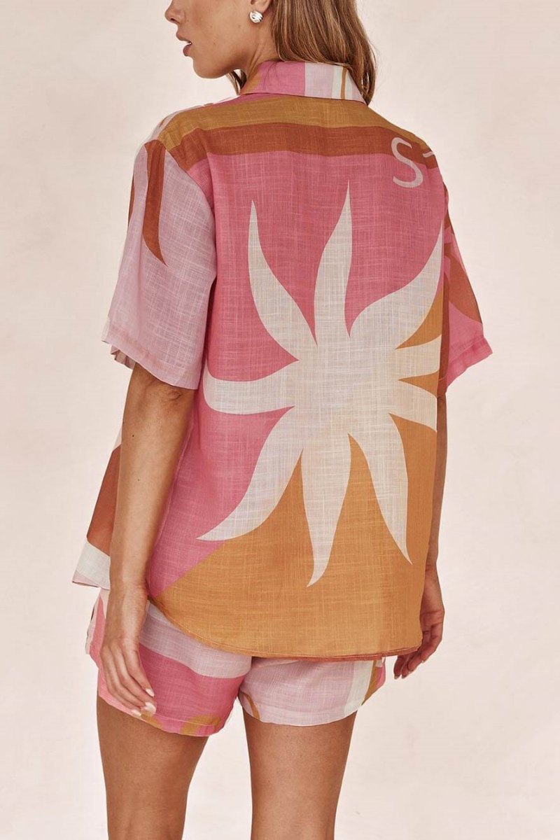 Bright Sun Loose Patterned Vacation Shirt Shorts Set