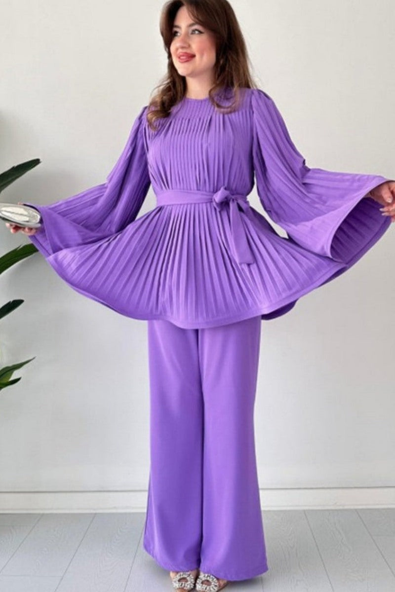 Pleated Flare Tops Trousers Set