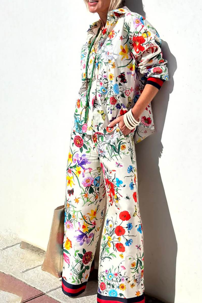 Flower Distinctive Print Elastic Waist Pocketed Wide-Leg Trousers-Set