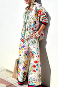 Flower Distinctive Print Elastic Waist Pocketed Wide-Leg Trousers-Set