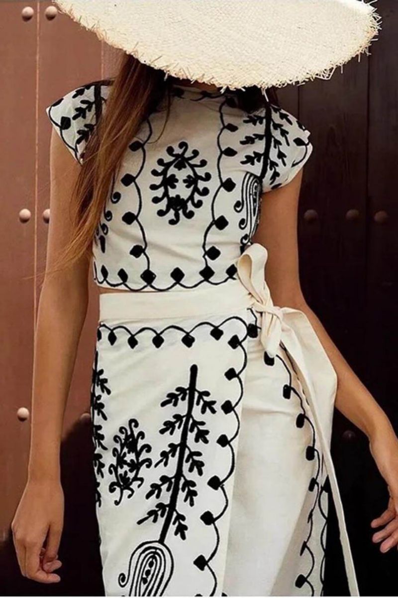 Coordinated Ethnic Print Crop Top & Tire-up Wrap Midi Skirts Set