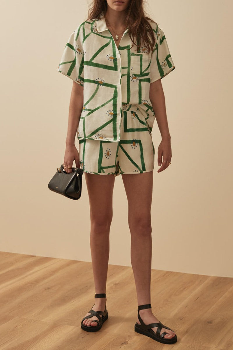 Distinctive Delicate Patterned Loose Button Up Top Shorts Set