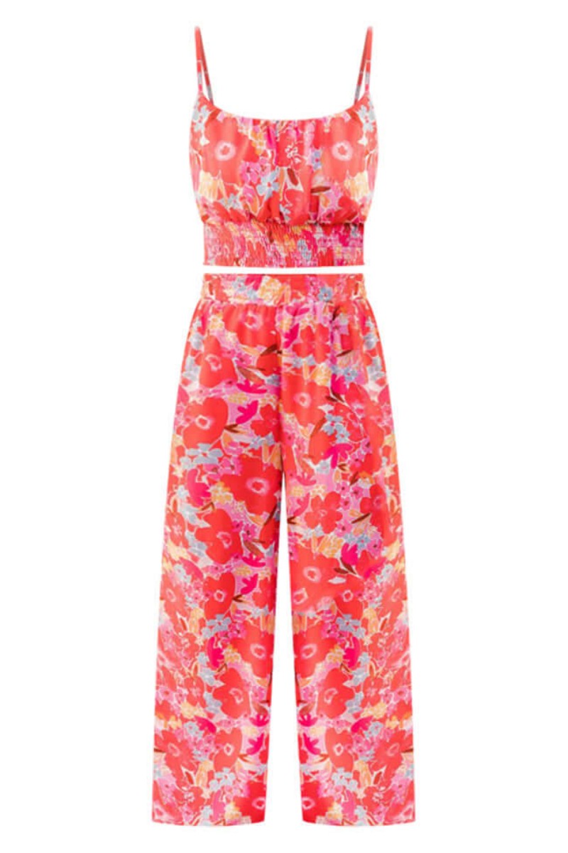Boho Flower Two Piece Pant Set In Red Pappy