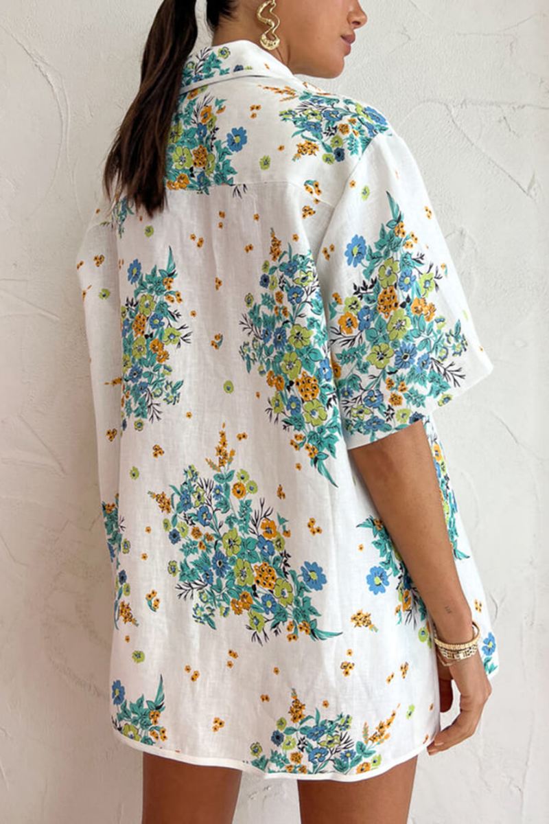 Flower Print Ivory Trim Pocketed Blouse And Back Elastic Shorts Set