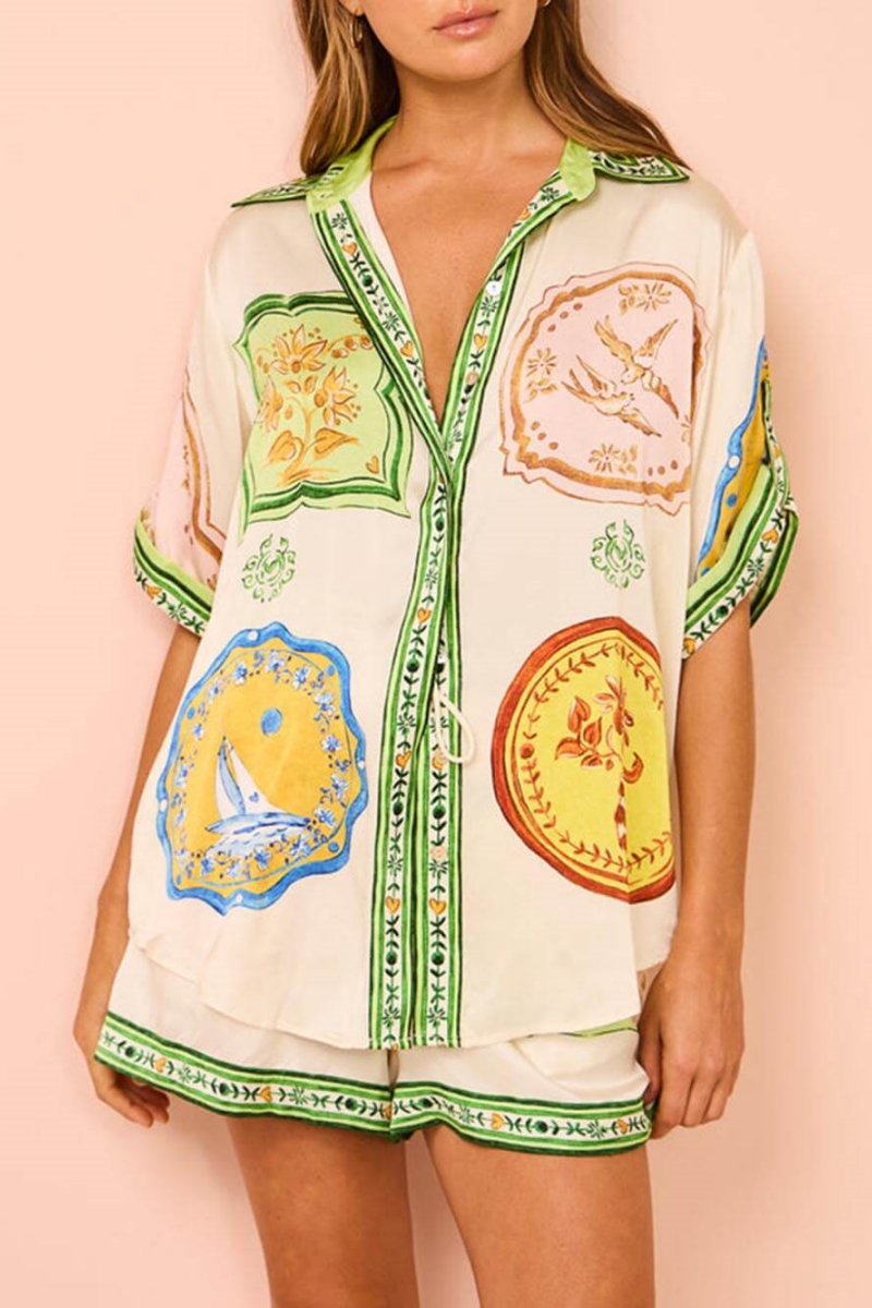 Cream Distinctive Ethnic Print Shirt Shorts Set