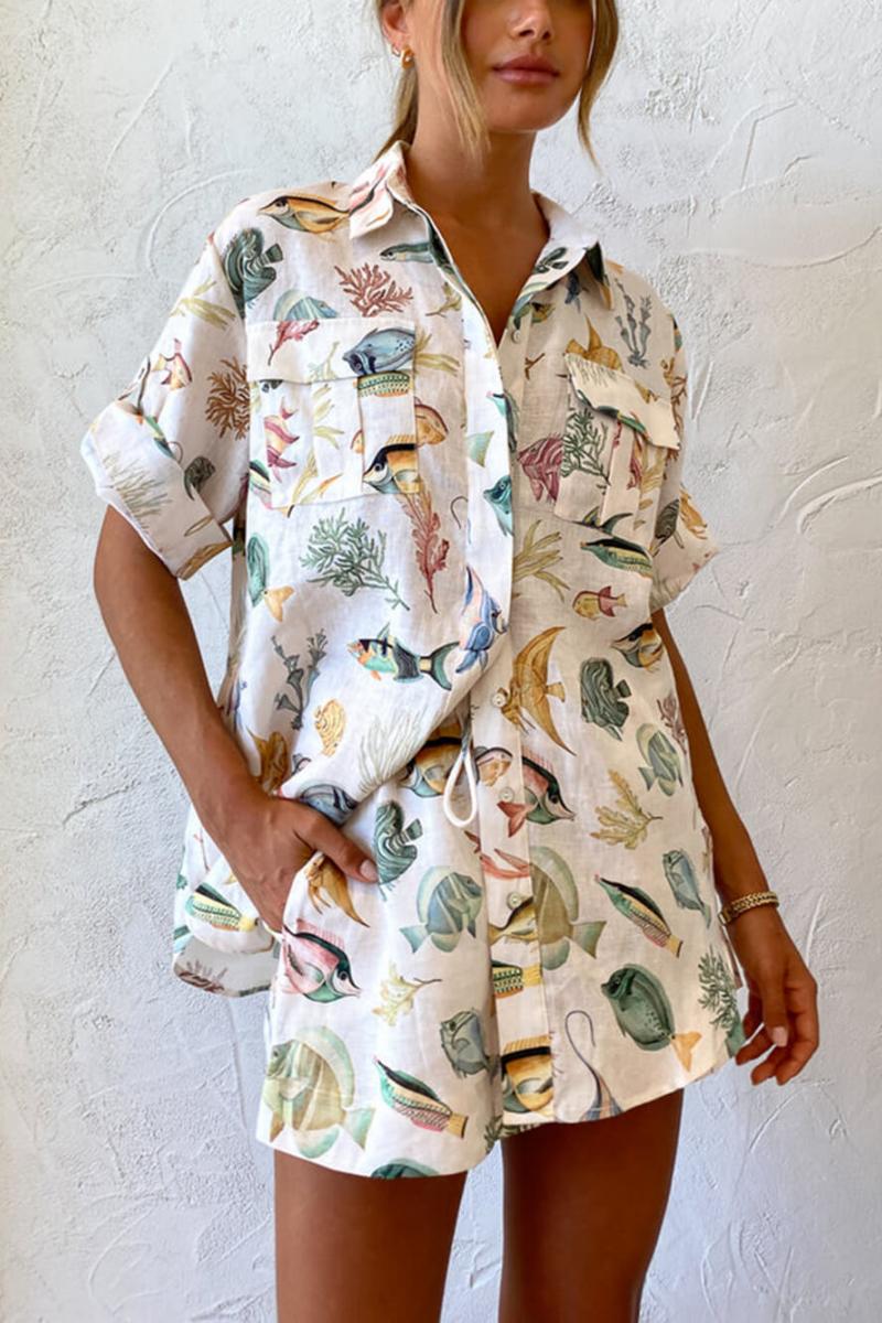 Coordinated Personalized Fish Print Vacation Short Sleeve Shirt Tie-Dye Shorts Set