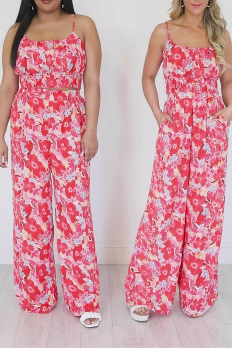 Boho Flower Two Piece Pant Set In Red Pappy