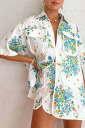 Flower Print Ivory Trim Pocketed Blouse And Back Elastic Shorts Set