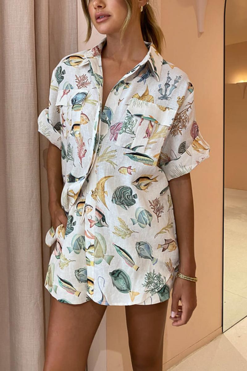 Coordinated Personalized Fish Print Vacation Short Sleeve Shirt Tie-Dye Shorts Set