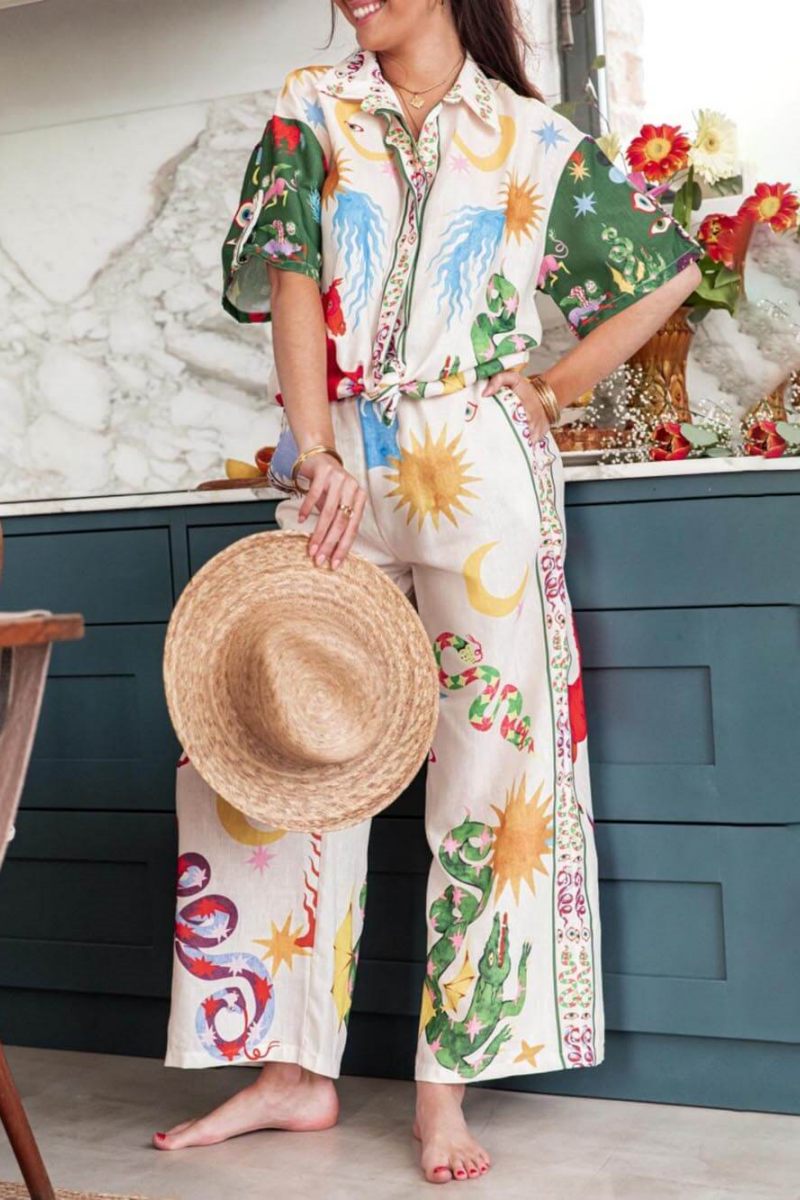 Distinctive Print Short Sleeve Loose Shirt And Elastic Waist Trousers Set