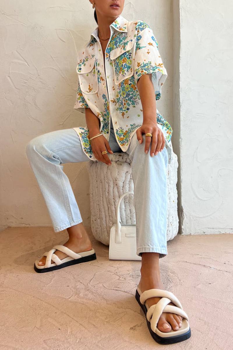 Flower Print Ivory Trim Pocketed Blouse And Back Elastic Shorts Set