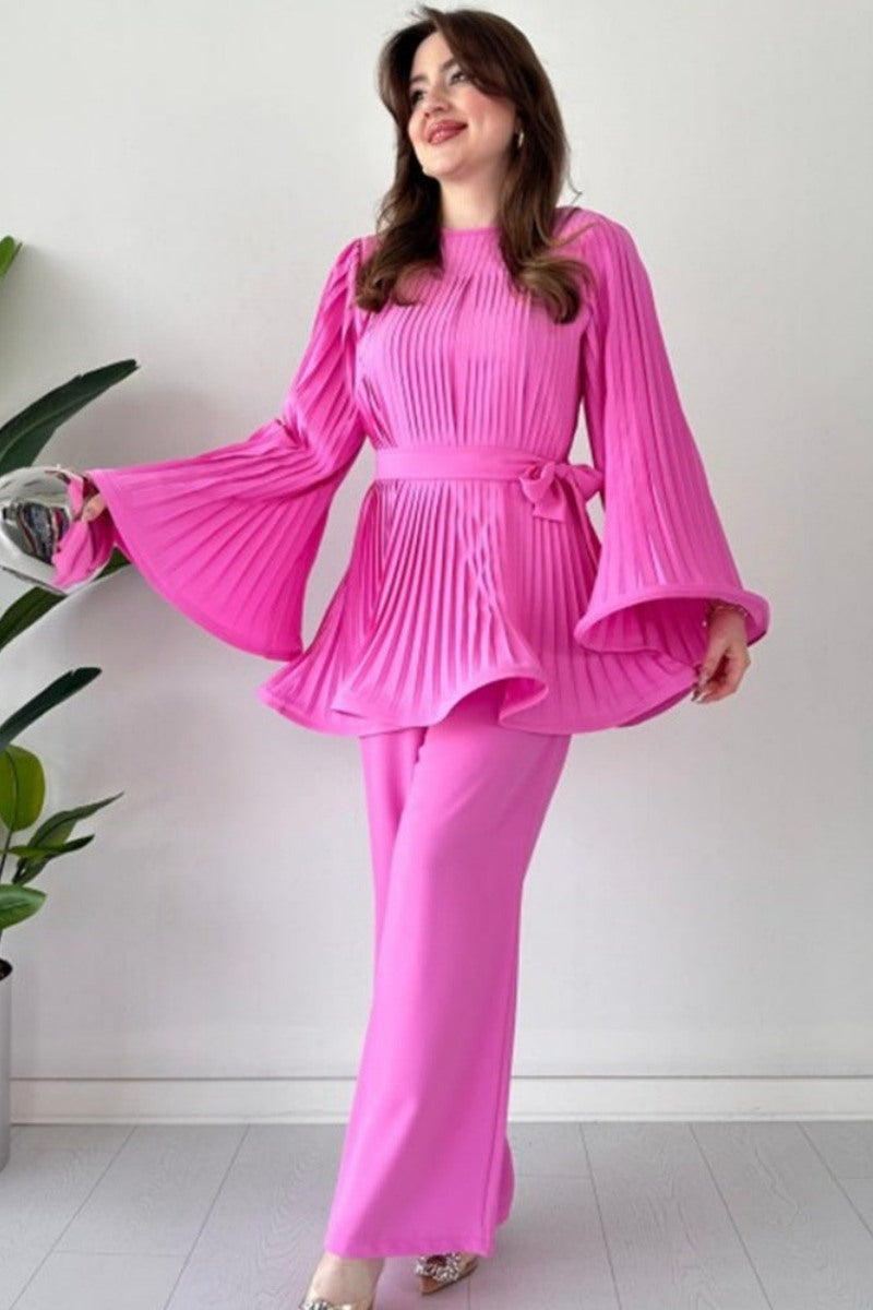 Pleated Flare Tops Trousers Set