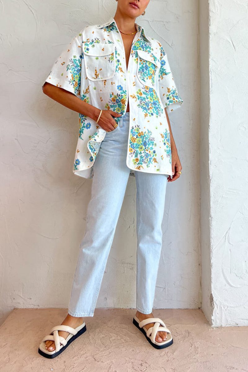 Flower Print Ivory Trim Pocketed Blouse And Back Elastic Shorts Set