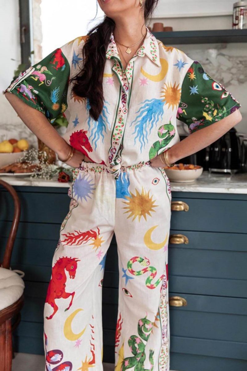 Distinctive Print Short Sleeve Loose Shirt And Elastic Waist Trousers Set