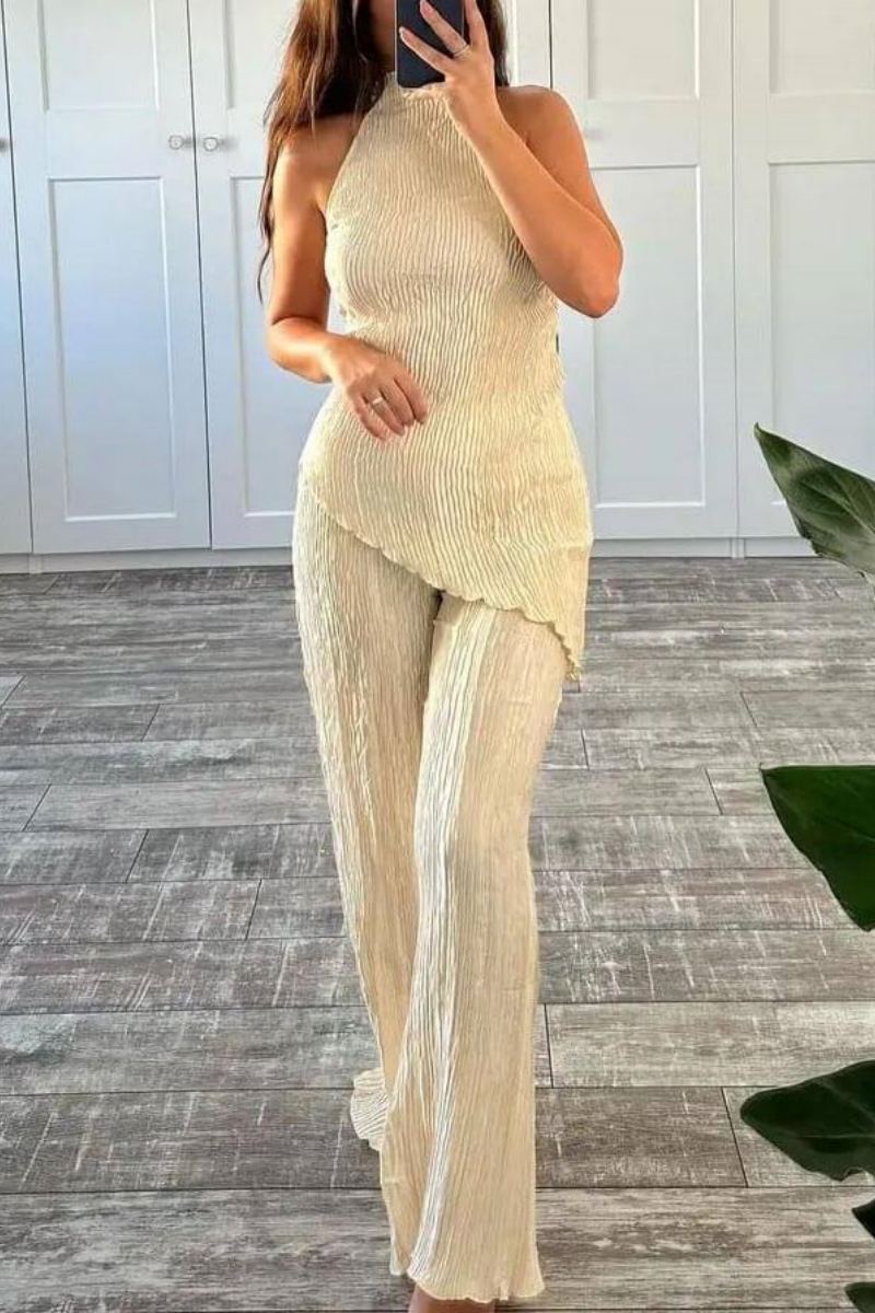 Sleeveless Halter Top High-Waisted Relaxed Wide-Leg Trousers Suit