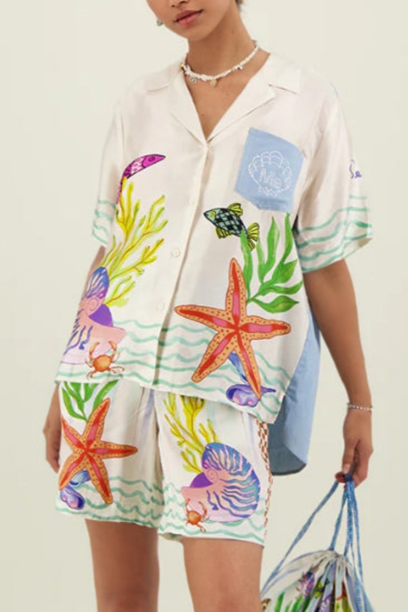 Distinctive Ocean Shell Print Loose Shorts Two-Piece Set