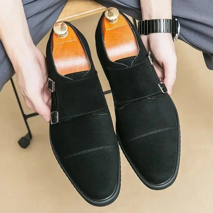 Suede Monk Strap Shoes with Double Buckle Strap