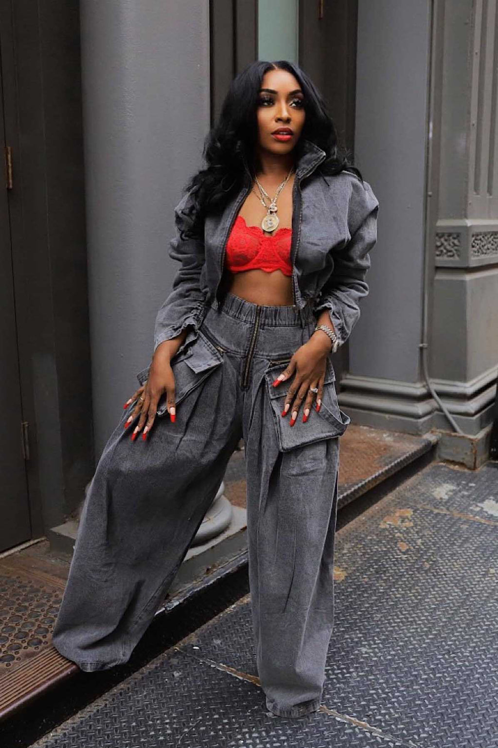 Retro Wide-Leg Denim Two-Piece