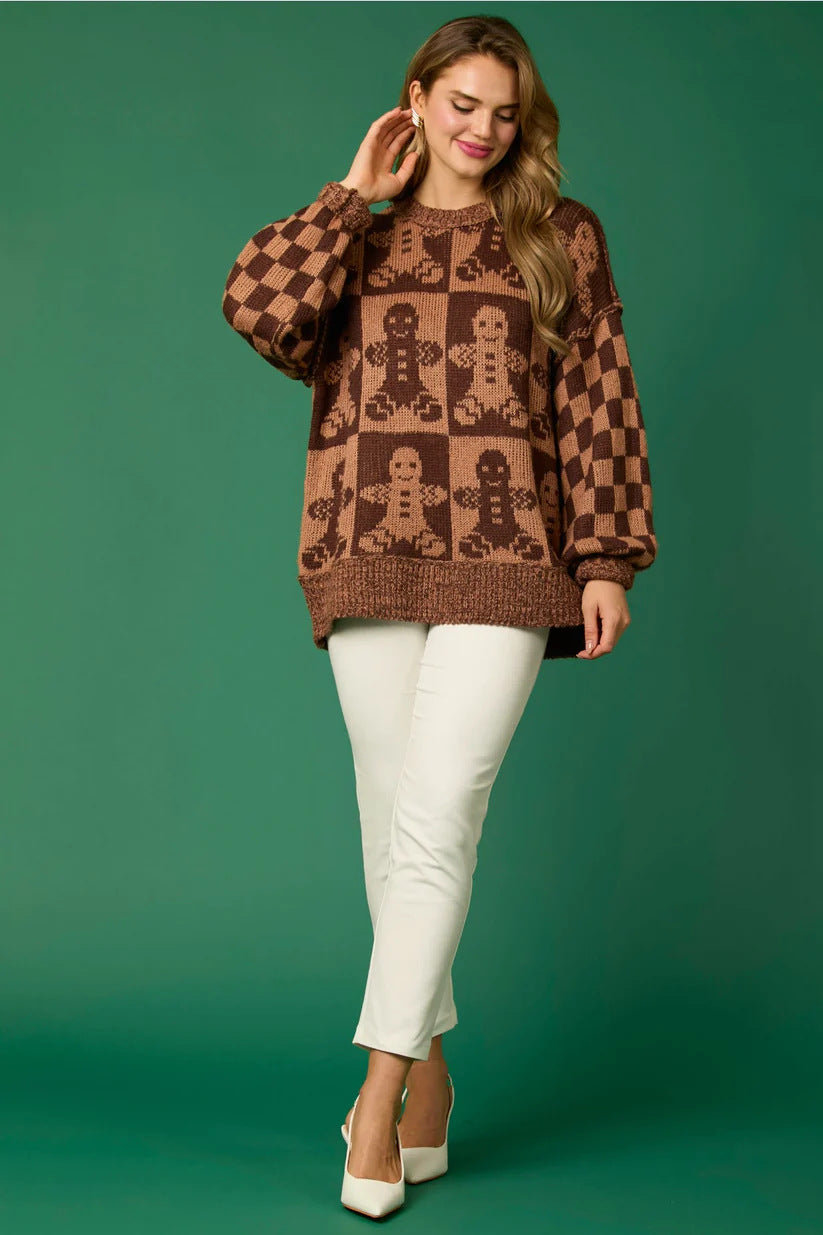 Modern Candy Cane Christmas Needles & Gingerbread Man Knit Sweater